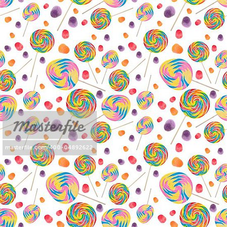 Candy Seamless Wallpaper Background with Lollipops and Gumdrops on White.