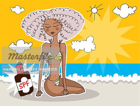 Girl at summer beach banner / Sea, sun protection card