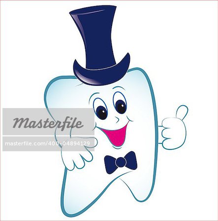 Happy cartoon tooth vector with thumb and hat. Invite illustration.