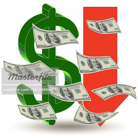 Crisis finance - the dollar symbol  arrow downward - devaluation money - symbolizing the bankruptcy or devaluation of money