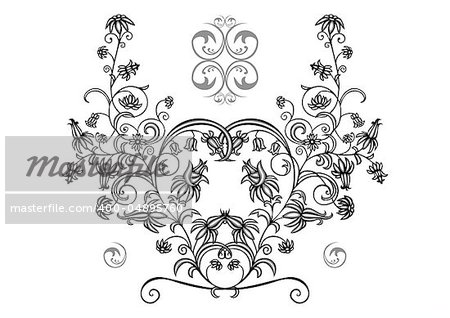 Illustration of abstract floral ornament in black, grey and white colors
