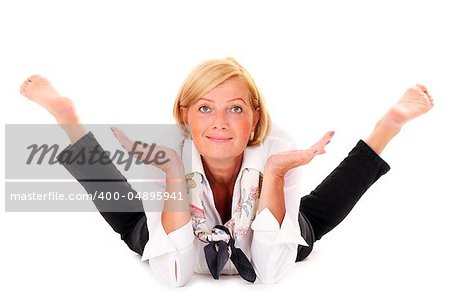A picture of a mature flexible woman lying over white background