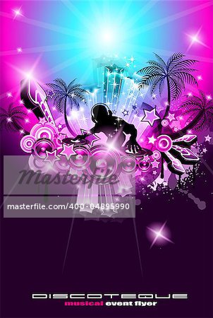Suggestive musical themed discoteque  flyer for night party or disk jokey exhibitions or console challenge event.