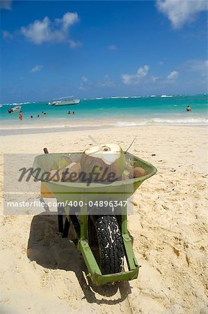 A coconut drink in wheelbarrow on beach