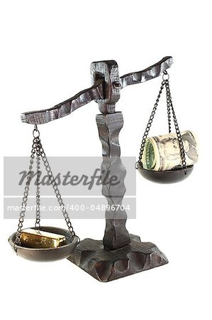 Beam balance with gold bars and dollars on a white background