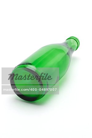 Green empty glass bottle on white background