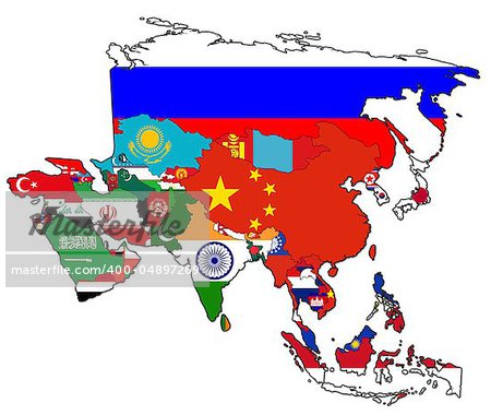 old political map of asia with flags