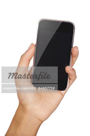 Mobile phone in the hand with copyspace isolated on white