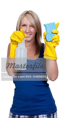 Aglove wearing beautiful woman or maid cleaning house with a sponge and spray bottle with cleaner