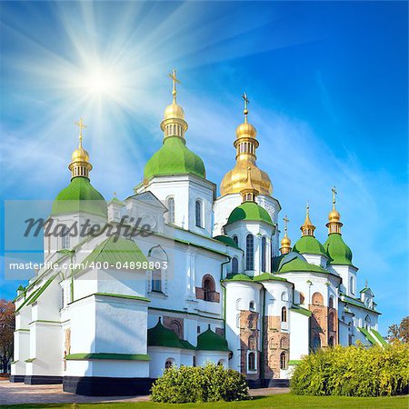 Morning Saint Sophia Cathedral church and sunshine. Kiev-City centre, Ukraine. Three shots composite picture.