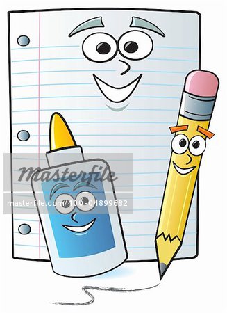 Common school supplies drawn with cartoon faces.