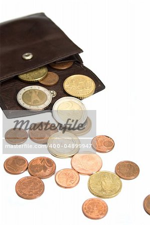 Euro coins spilling out of open leather wallet; isolated on white background.