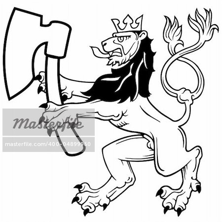 Heraldic Lion with Axe - black and white illustration, vector