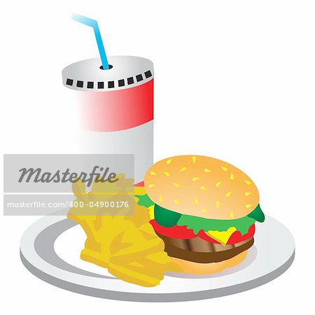 Cartoon Vectorized plate of a large meat burger with fries and a drink