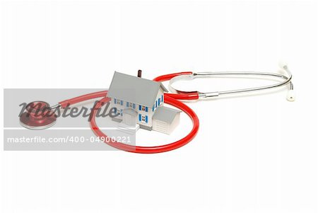 An isolated stethoscope and house represent home nursing or other concepts.