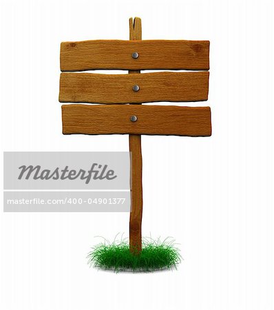 3d illustration of wooden signboard with grass, isolated over white