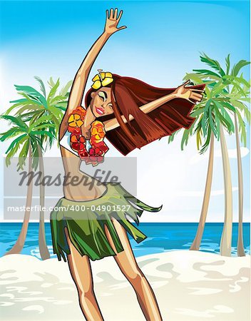 cheerful Hawaiian girl in a wreath of flowers dancing