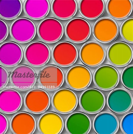 Paint tin color chart, cans opened top view isolated on white