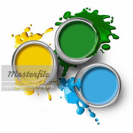Green blue yellow color paint cans with splashes on white background