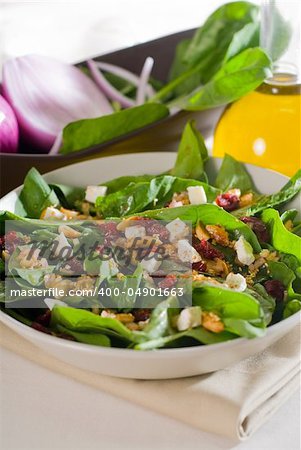 plate of fresh colorfull spinach salad close up