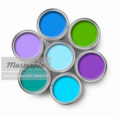 Cool colors paint tin cans opened top view isolated on white