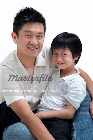 Father and son on white background