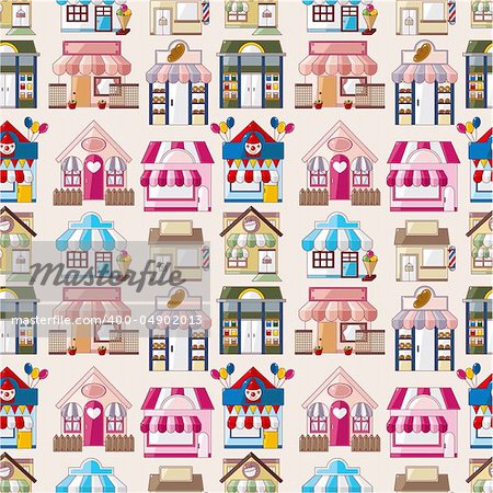 cartoon house / shop seamless pattern