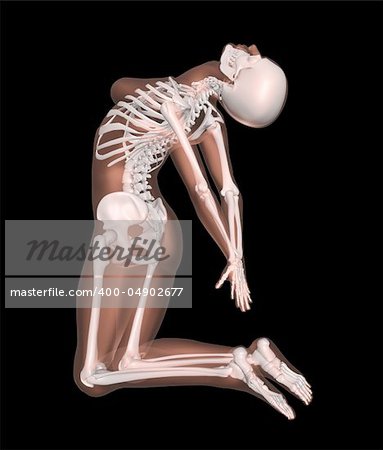 3D render of a female medical skeleton in a yoga position