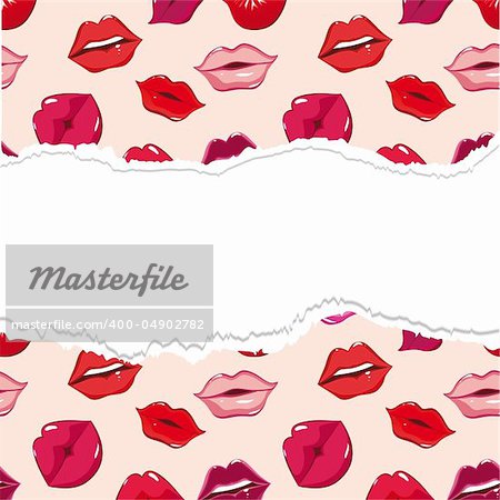 Red torn lip seamless background, vector pattern. Woman smile, people kiss. Sweet, print illustration. Design element.