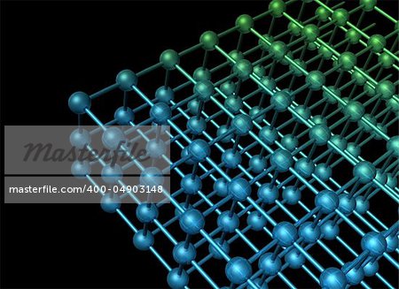 Nanotechnology particle 3D structure with atoms and bindings on dark background