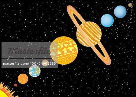 Nine planets and sun standing in line in space. Also available as a Vector in Adobe illustrator EPS 8 format, compressed in a zip file.