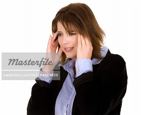 pretty brunette wearing business outfit on white background