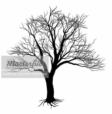 An illustration of a scary bare black tree silhouette