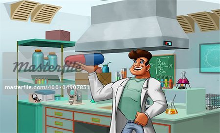 scientist with a big pill in his hand in the lab