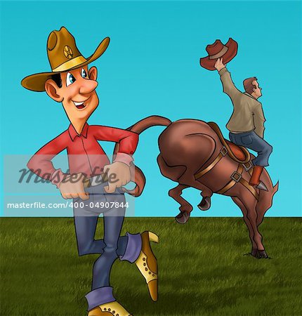 cowboy riding a horse and another dancing