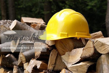 It's better safe than sorry when your in the forest cutting trees down, thus the hard hat on the woodpile.