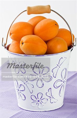 Ripe fresh apricot in white bucket shallow DOF