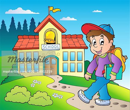 Theme with boy and school building - vector illustration.