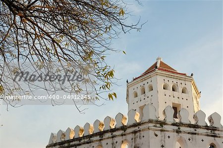 White old Thai style fort near Chao Phraya river in Bangkok