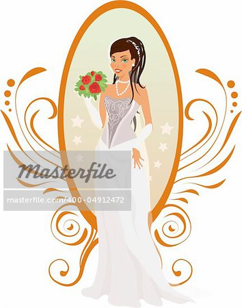 Happy bride with roses and mirror against ornament