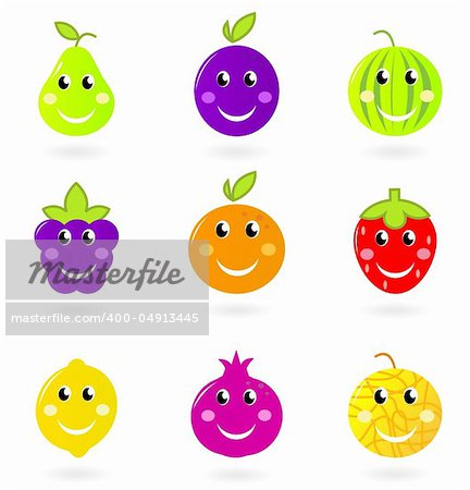 Cute cartoon vector fruity icons - orange, plum, pomegranate, watermelon or blackberry etc. isolated on white background.
