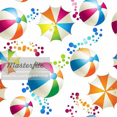 Seamless pattern with colored umbrellas and balls over white background