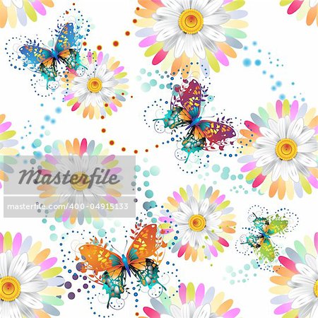 Seamless pattern with colored butterflies and flowers