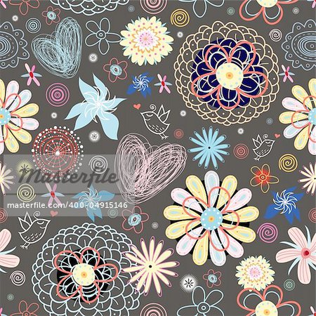 seamless floral pattern with birds on a brown background