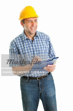Confident worker wearing hard hat and taking notes. Isolated on white