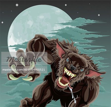 A frightening werewolf in front of moonlit sky. Halloween illustration.