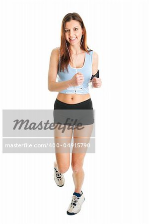 Running fitness women with mp3 player. Isolated on white