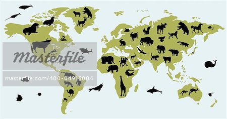 Vector picture of a world map with pictures of animals