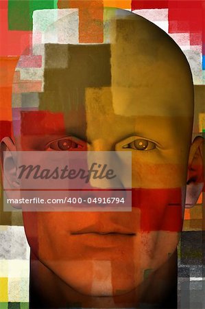 Man portrait with colorful squares abstract modern artistic pattern. 3d illustration.