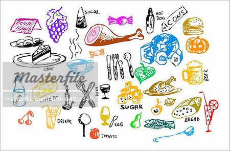 hand drawn food icons isolated on the white background